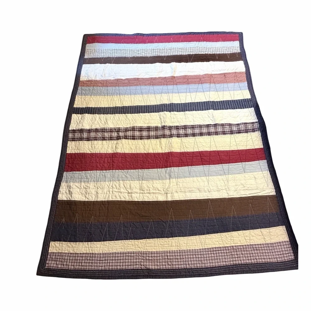 Pottery Barn Kids Blue Red Patchwork Stripes Quilt Toddler Bed Size Colorful